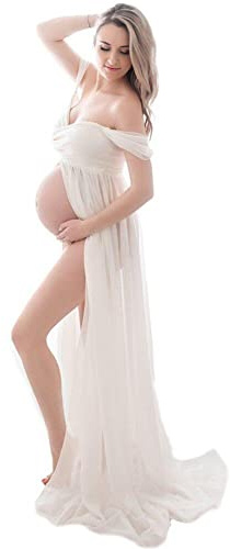 Dam Off Shoulder Chiffongklänning delad framsida maxi graviditetsklänningar moderskapsklänning för fotografering för fotografering