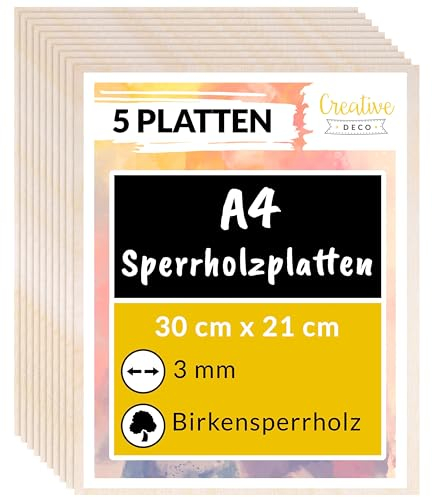 Creative Deco 5 x A4 Sperrholzplatte 3mm | 300 x 210 (+/- 2) mm | Birkensperrholz Dünne Holz-Zuschnitte | Perfektes Blatt für Laubsäge, Brandmalerei, Laserschnitt, CNC Router