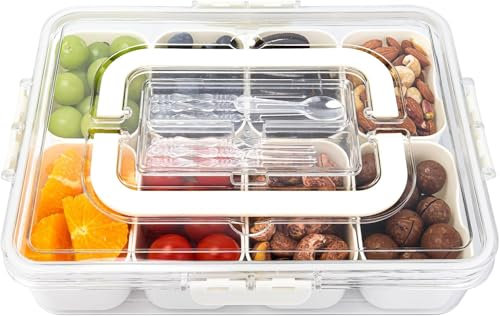 STORICANS Snackle Box Snack Tray with Lid and Handle 8 Compartments,Portable Divided Reusable Snack Boxes Container, Food Organizer for Spice, Candy, Fruit, Nuts, Chips and Dip, Suitable for Party