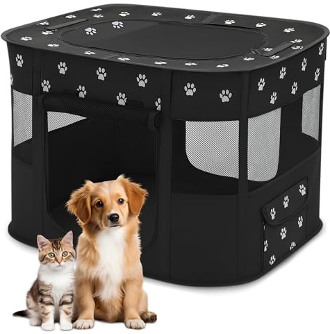 ALLSOPETS Parc pour Chien Pliable, Enclos Portable pour Chiot Chat Lapin, Tente Respirante d’Intérieur/Extérieur avec Sac de Transport, Idéal pour Voyage et Camping (Patte Noire, XXL)