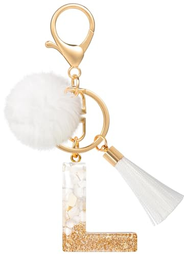 MWOOT Porte Clé L Lettre Peluche Tassel, Résine Initial Or Blanc Keychain Personnalisé, Pendentif Porte Clef Lettre Décoratif, Porte Clef Kawaii Voiture Charm, Idee Cadeau D'Anniversaire pour Femme(L)