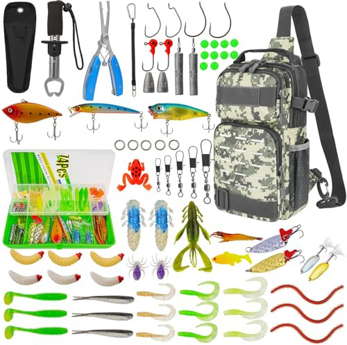 THKFISH 79-teiliges Angeltaschen Set, Wasserdichter Angelrucksack mit Boxen, Angeltasche für Angeln, inklusive Angelzangen, Ködern, Fischhakenentferner und Lip Gripper