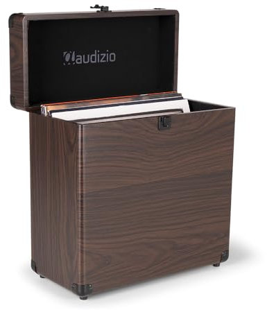 Audizio RC32 - Robuster Koffer für Schallplatten Aufbewahrung - Design Vinyl Holder - Plattenkoffer für Vinyl Aufbewahrung - Schallplatten Zubehör (Holz Dunkel Braun)