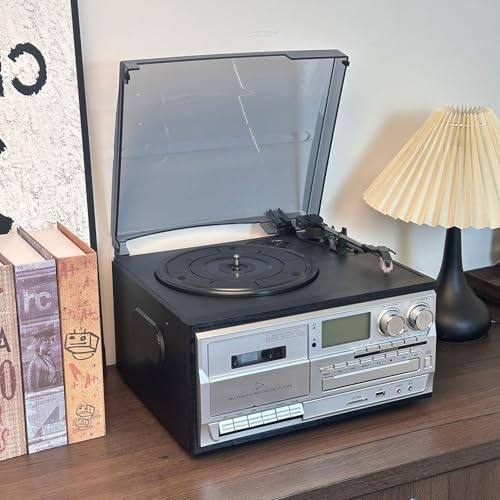 MiBoce 10-i-1 Bluetooth CD-spelare, retro skivspelare, 3-växlad vinylskivspelare och kassettspelare, med fjärrkontroll, inbyggda högtalare, för underhållning/kontor/sovrum