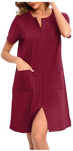 Generisch Bata de casa para mujer, camisón con cremallera, bata ligera, manga 3/4, ropa de dormir, holgada, cómoda, vestido de casa con bolsillos, estilo informal, función de lactancia, batas de casa