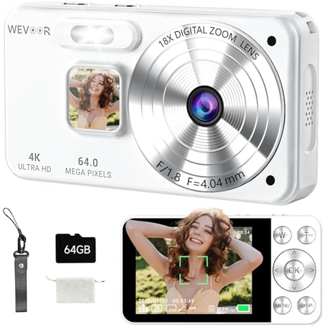 Macchina Fotografica Digitale 4K 64MP, Wevoor 64GB Fotocamera Digitale con 2,8” Schermo, Zoom Digitale 18x, 2000mAh Fotocamera Compatta, Digital Camera per Principianti Bambini Adolescenti - Bianco
