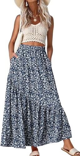 GRECERELLE Women's Maxi Skirt High Waist with Pockets, Blue White Flower, M