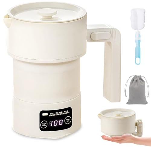Bollitore pieghevole da 600 ml, portatile da viaggio, piccolo, bollitore da campeggio con 9 livelli di temperatura, in acciaio inox e silicone, silenzioso e sicuro per viaggi e ufficio