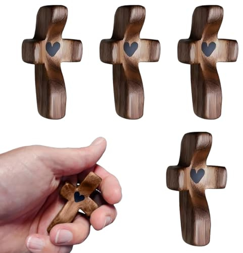 4 Piezas Pequeñas Cruces de Madera Talladas a Mano con Motivos de Corazón como Objetos, Cruz antiestrés, para confirmacion, Cristiano, Oración, para Aliviar Estrés Bolsillo Pequeña De Madera De Mano