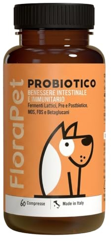 FloraPet Probiotico per Cani, Fermenti Lattici e Prebiotici, Supporto Digestivo e Flora Intestinale, Equilibrio Gastrointestinale Utile in caso di Diarrea e Feci Irregolari, 60 Compresse Made in Italy