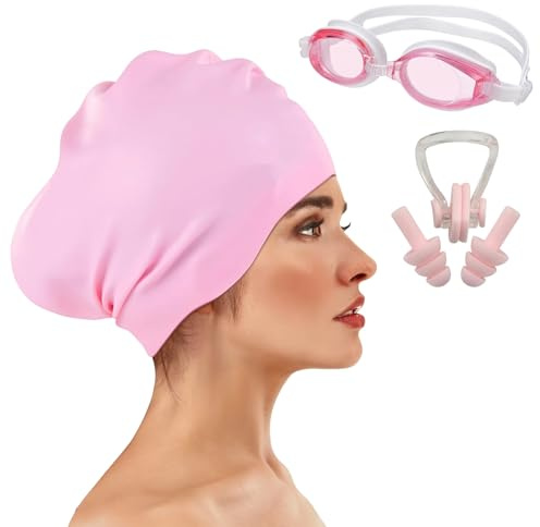 Bonnet de Bain Femme Cheveux Longs Extra Large avec Lunettes de Natation, Bonnet de Piscine Silicone pour Dreadlocks, Tresses et Cheveux Épais, Kit avec Pince-Nez et Bouchons d'Oreilles, Rose