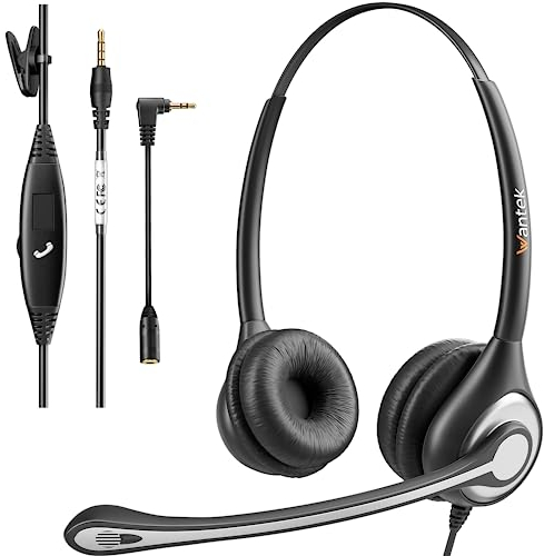 Wantek Auriculares con micrófono 602F, 3,5 mm/2,5 mm Auriculares con micrófono de reducción de Ruido para computadoras, computadoras portátiles, teléfonos Inteligentes, teléfonos fijos