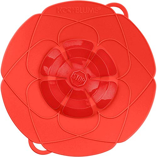 Kochblume The Original, Silicone Boil Over Protector for Pots and Pans, Microwave Lid, Splash Guard and Steamer Attachment (Red, M, Pot Size 14-20 cm)