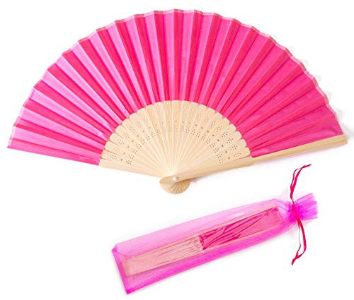 SL crafts 24 ventagli a mano in seta lmitata, in bambù, palmare, piegati, per balli nuziali, chiesa, matrimoni, feste, con sacchetti regalo (fucsia)