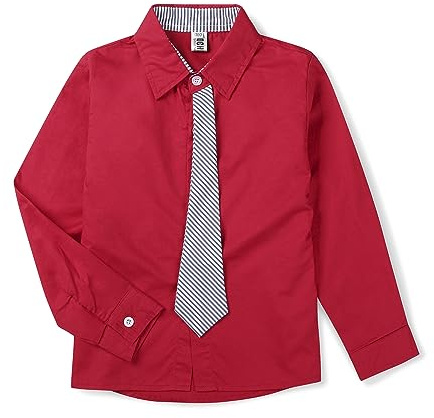 Aeslech Camisa de vestir de uniforme de manga larga con botones y corbata para niño, rosso, 10 años