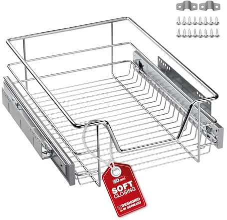 SOTECH 40 cm Tiroir télescopique avec SoftClose Coulisse à sortie totale avec guidage à billes Capacité de charge 20 kg Chrome poli