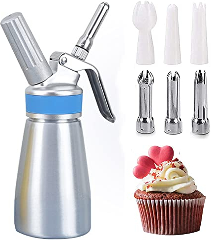 Comforty 250ml Sahnespender, Sahnesyphon Edelstahl mit 3 Dekorations-Düsen und 1 Reinigungsbürsten, Edelstahl Sahnespender für Cremes und Soßen (250 ml Silber)