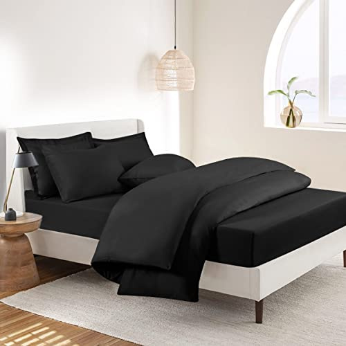 RUIKASI Bedding Double Bed Sets - 4 Piece Bedding Set Double Bed, Deep Pocket Fitted Sheet and Duvet Cover with Pillow cases, Soft Microfiber Duvet Set with Zipper, Black