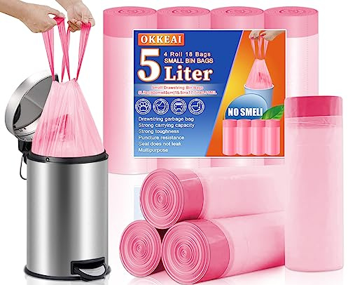 OKKEAI Tie Handle Bin Bags 5L Waste Paper Bin Liner Small Bathroom Pedal Trash Bags 72 Counts Drawstring Pink Rubbish Bags for Toilet,Office,Bedroom Fit 3L,4L,5L,6L Garbage Bin