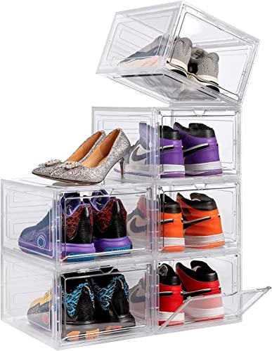 Greenfields 6 Pack Transparent Shoe Boxes - Clear or Black Durable Shoe Box Organiser - Space Saving Design with Magnetic Door - Durable and Sturdy Bins Front Stackable Drawers (Clear)