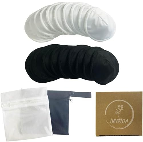 20 einfarbige Stilleinlagen in Schwarz und Weiß, waschbar, Bambusfaser, dreilagig, bequem, wiederverwendbar, ultra saugfähig, mit wasserdichter Tragetasche + Wäschenetz