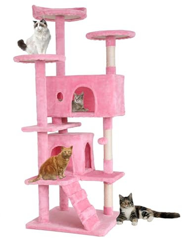 FDW Arbre à Chat Hauteur 139 cm Tour de Jeux pour Chat avec 2 Niches 3 Plateformes 2 Boules en Sisal Arbre à Grimper Multi-Niveaux Idéal pour 3-4 Chats Rose