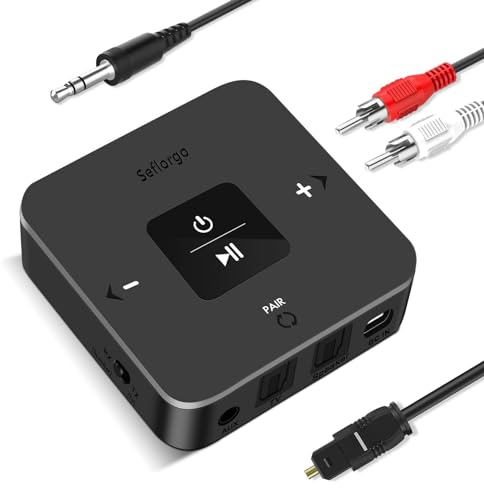 Seflorgo Bluetooth 5.0 Sender/Empfänger für TV zu drahtlosen Kopfhörern/Lautsprechern, aptX Adaptive/Low Latency/HD Bluetooth (BTI-038(Optisch/AUX/RCA), Schwarz)