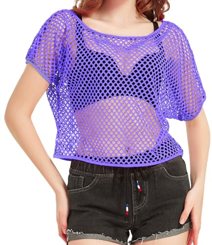 80s Fancy Fishnet Top for Women, Neon Mesh Top Off the Shoulder T-shirt 1980s Retro Theme Party Costume Accessories Cosplay