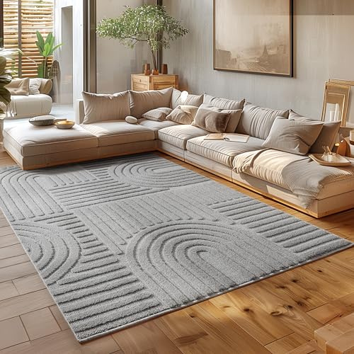 HomebyHome Kurzflor Teppich 240 x 340 cm Silber - Hoch-Tief 3D Effekt, Waschbar, Flauschig und Extra Weich - Skandinavisch Boho Muster für Wohnzimmer, Schlafzimmer, Esszimmer und Küche
