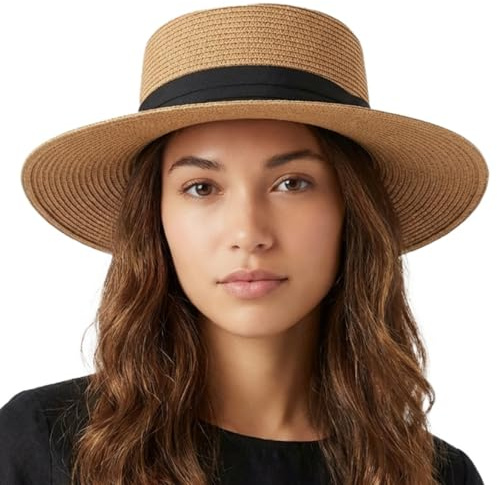 HIQIU halm sommarhatt damer med brett brätte – UV-skydd platt topp strandhatt damer stråhatt Panamahatt för strand och resor, Khaki hatt med svart band, 56-58