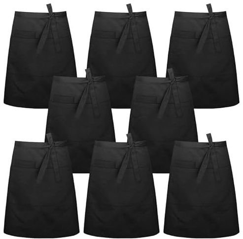 8 stycken midjeförkläde, damförkläde, 55 x 86 x 8 cm förkläde servitörsförkläde, matlagningsförkläde svart förkläde med 3 fickor unisex för café kök restaurang bar (svart), Midjeförkläde, 55 * 86 * 8