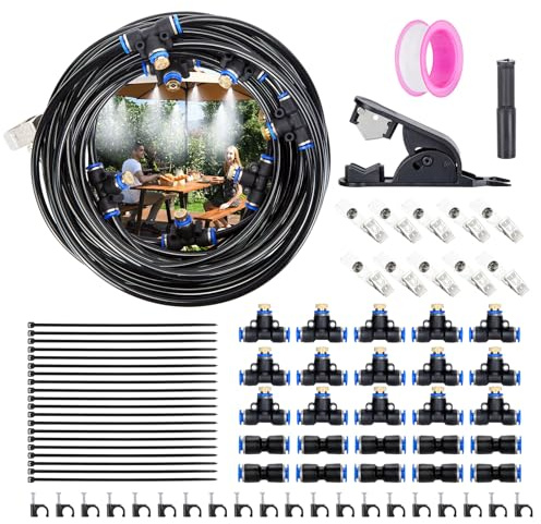 12M Kit d’Irrigation système de brumisateur extérieur 79pcs, AGPTEK, avec 15 Buses de Brume avec T Joint, système de Refroidissement extérieur parbrumisateur pour terrasse, Brume, Jardin, Piscine