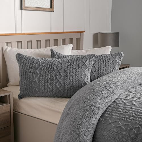 OHS Cable Knit Sherpa Fleece Duvet Set, Winter Double Bedding Super Soft Warm Quilt Covers with Pillowcases Bedding Double Reverse Fur Fleece Duvet Covers - Grey