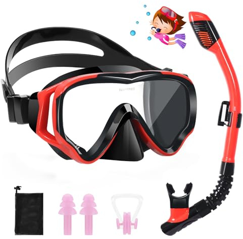 Snorkelset för barn, HIKOTEY torr snorkelset barn anti-dimma panorama, anti-läckage, dykmask, torr snorkel med vattentäta öronproppar, snorkling set för pojkar (4–12 år) – röd + svart