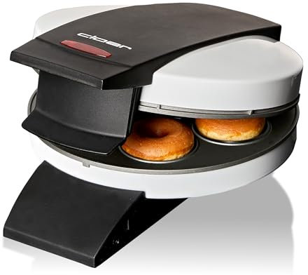 Cloer 6121 Máquina para hacer donuts para 6 mini donuts o bagels, revestimiento antiadherente, luz indicadora roja, almacenamiento que ahorra espacio, almacenamiento de cable, 520 W, blanco