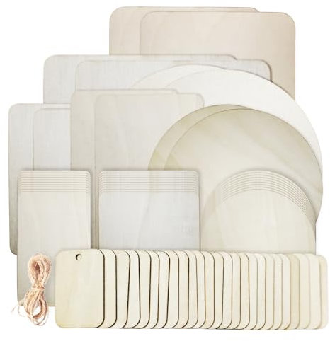 67 Stück Unbehandelte Holzplatten zum Basteln, Runde Holzscheiben und eckige Holzscheiben zum Brandmalen, Bemalen, Schreiben, Aufhängen von Dekorationen, 10 Größen Balsaholz Set mit Hanfseil