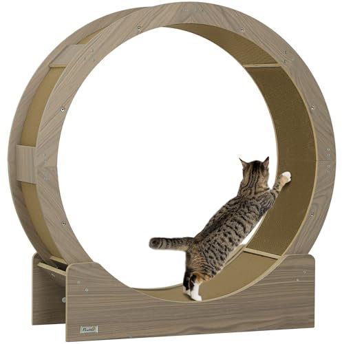 PawHut Katzenlaufrad Laufrad für Katzen 91 cm Durchmesser Katzenrad mit Bremse Laufbahn Kratzbrett, Cat Wheel Laufband für Gewichtsverlust & Gesundheit, Walnuss