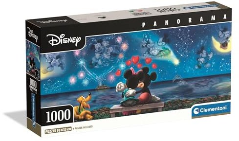 Clementoni - Puzzle 1000 Pezzi per Adulti e Ragazzi, Collection Panorama Tema Disney Mickey & Minnie, con Poster Incluso, Compact Box, Idea Regalo Made in Italy, 98x33 cm, 39503