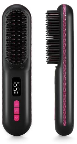 CHRISTINE SHELLY Hair Straightener Brush, Portable Cordless Mini Straightening Brush for Travel, Negative Ion Hot Comb Hair Straightener with 9 Temps for Women, Anti-Scald Ceramic, Fast Charge