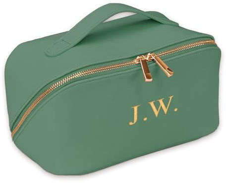 Personalised Makeup Bag Custom Monogram Cosmetic Bag Open Flat Case Personalised Gift for Her Personalised Bridesmaid Gift Lay Flat Bag (Sage Green, Large)