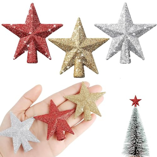 TIutmivo Puntale per albero di Natale a forma di stella con glitter, 6 cm, Mini puntale per albero di Natale per decorazione di abete, 3 pezzi