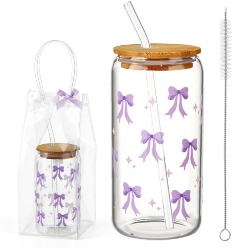 saerryor Glass Tumbler with Straw and Lid for Women Girls,16 oz Purple Bow