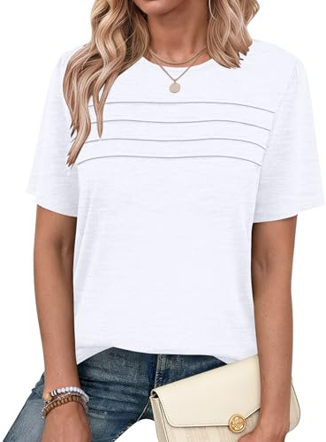 PLMOKEN Blusas Mujer Verano Camisetas Manga Corta Cuello Redondo T-Shirt | Pliegues en el pecho, basicas top, elegante, casual, versátil para uso diario
