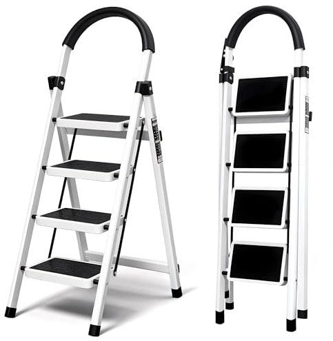 Escalera Plegable 4 peldaños con pasamanos y con Pedal Antideslizante | Taburete Multifuncional con Superficie | Escaleras Plegables Domésticas | Step Ladder para Hogar （4 escalones）