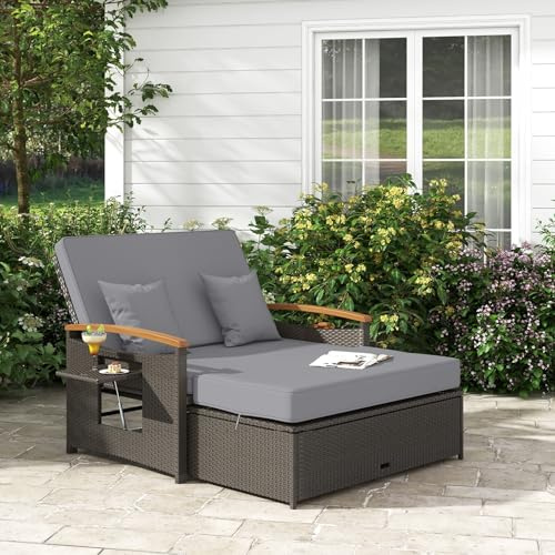 GIANTEX Set di mobili in rattan per esterni, divano in rattan a 2 posti, con funzione di sonno, divano da giardino con sgabello, letto doppio con ripiani laterali (marrone misto + grigio)
