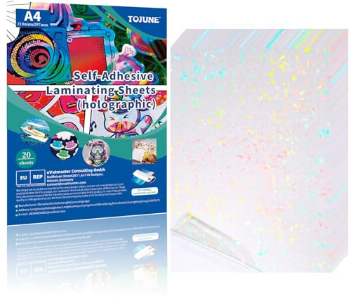 TOJUNE Papel Adhesivo Holográfico A4 50mic (Vidrio Roto) | Película Transparente Impermeable de Laminado en Frío para Fotos, Tarjetas de Visita, Documentos, 20 Piezas