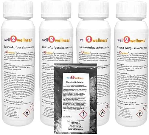 Well2wellness Set Infusi Sauna 4x 125 ML 'Benessere'con Eisfrische, Finlandese Inverno, Giapponese Pianta Curativa, Melisse + Gratis 10 G10 G Cristalli di Mentolo