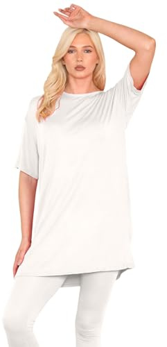 janisramone® Womens Short Sleeve Tunic T Shirts, Round Neck Oversized T Shirts for Women UK, Soft Comfortable Pj Dress, Perfect Summer Longline Ladies Tops Cream
