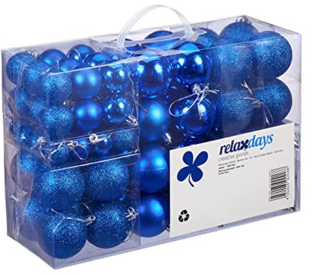 Relaxdays, blau Weihnachtskugeln aus Kunststoff, 100er Set, Weihnachtsdeko, matt, glänzend, glitzernd, Christbaumkugel ∅ 3, 4 & 6 cm, PS, 7 x 6 x 6 cm