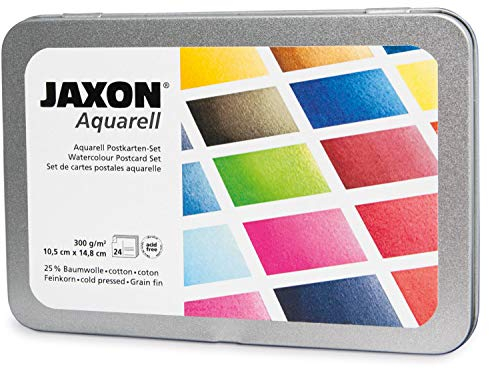 Jaxon Honsell 15469 - Jaxon Aquarell-Postkarten-Set in Metallbox, 24 Karten aus säurefreiem Aquarellkarton, feinkörnig 300 g/qm im DIN A6 Format, Rückseite mit Adressfeld bedruckt